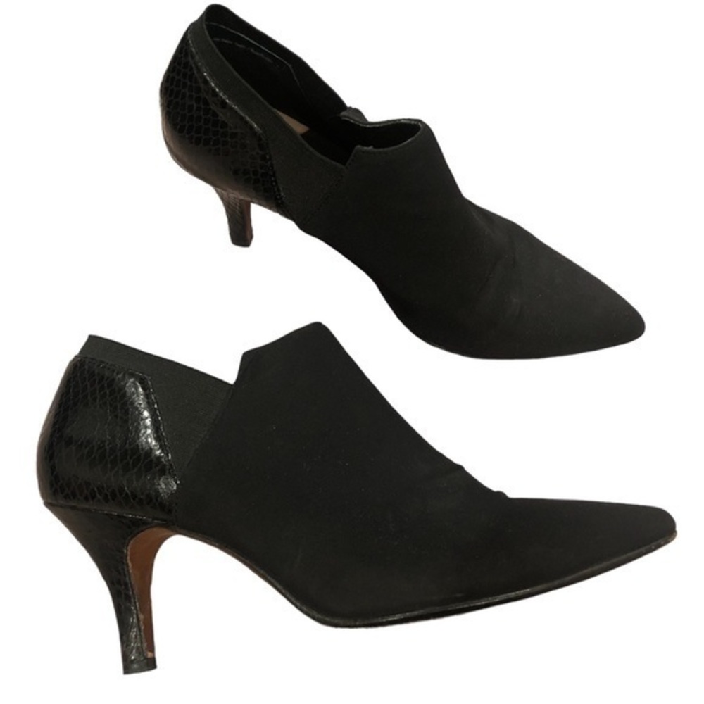 DONALD J PLINER BLACK NEOPRENE SNAKESKIN POINTY TOE ANKLE BOOTIE HEELS 10